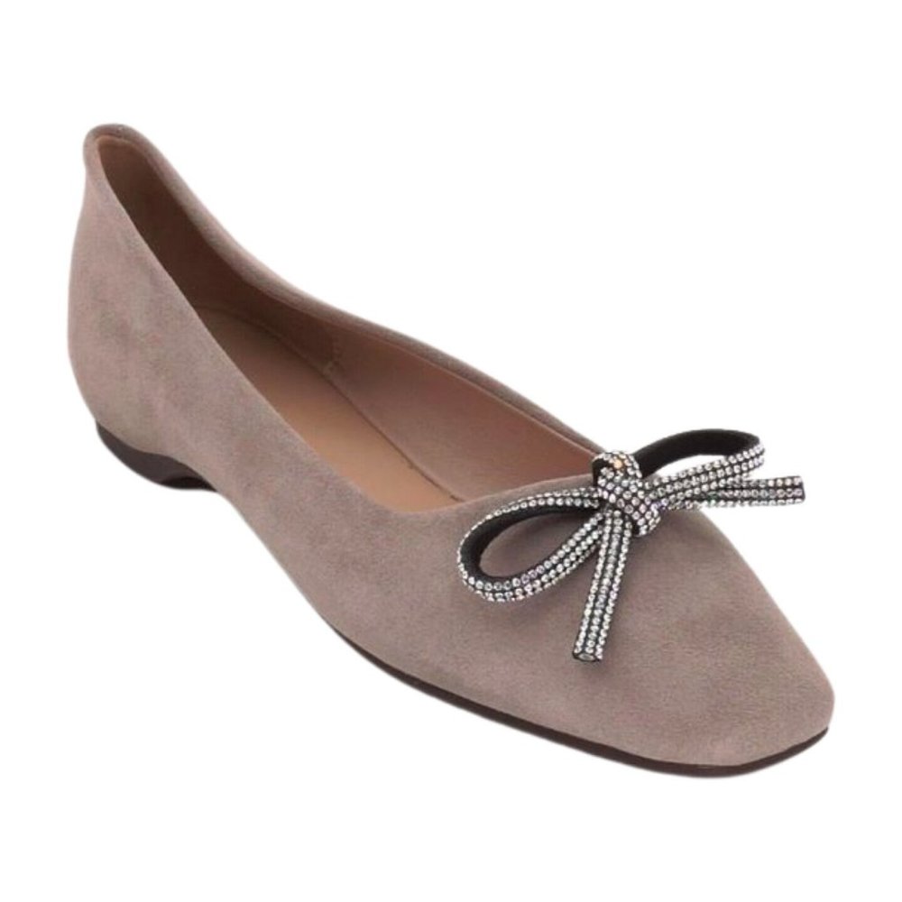 Taupe Suede Crystal Bow Pointed Toe Flat